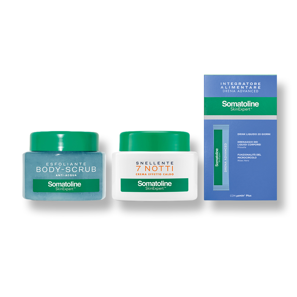 Body-Scrub Anti-acqua + 7 Notti Effetto Caldo + Integratore Drena Advanced